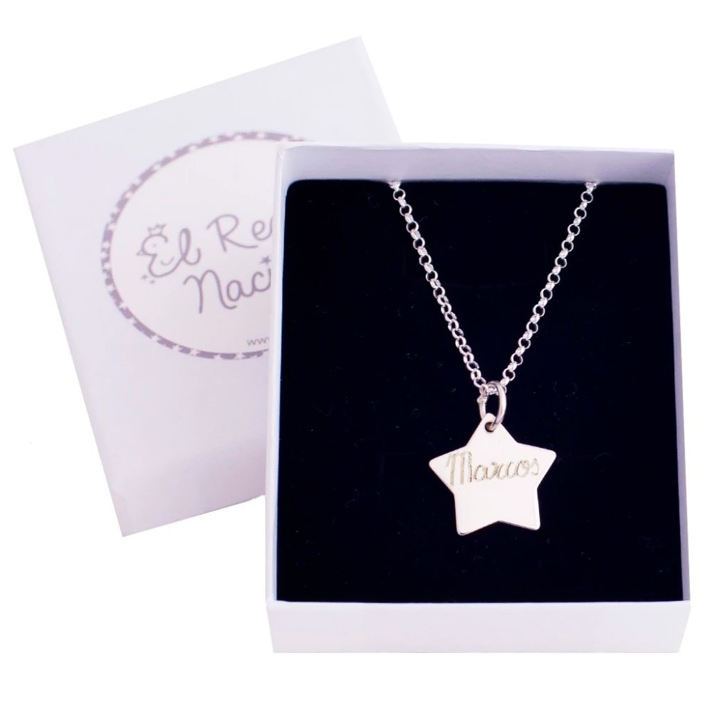 Collar mama El Recién Nacido estrella de plata grabada con nombre - Azul Azul-1