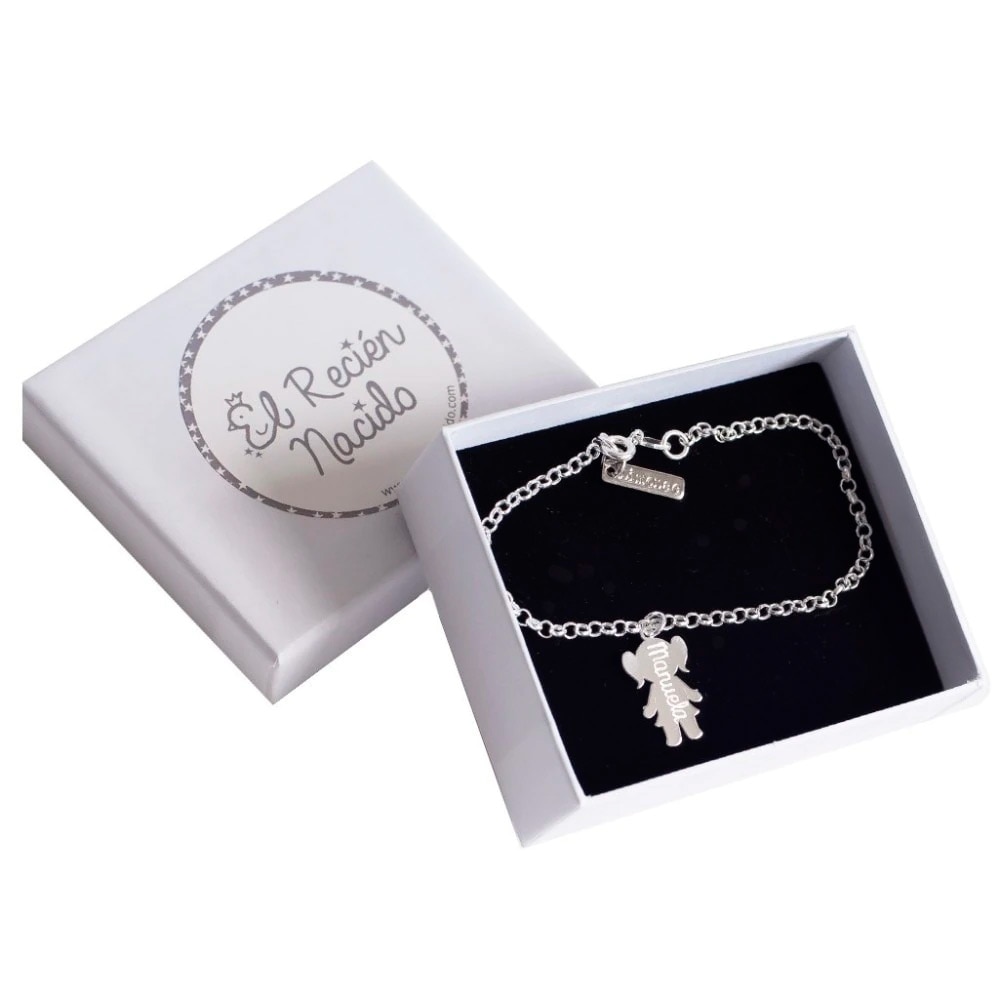 Pulsera para mujer El Recién Nacido con 1 silueta de plata personalizada con nombre - Rosa Rosa-1