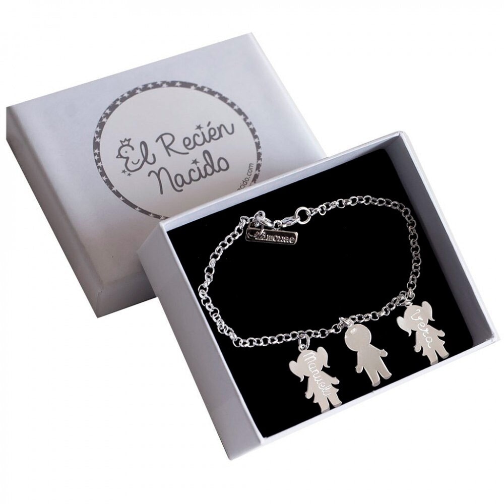 Pulsera para mujer El Recién Nacido de plata con 3 siluetas de niño o niña grabadas con nombres - Blanco Blanco-1