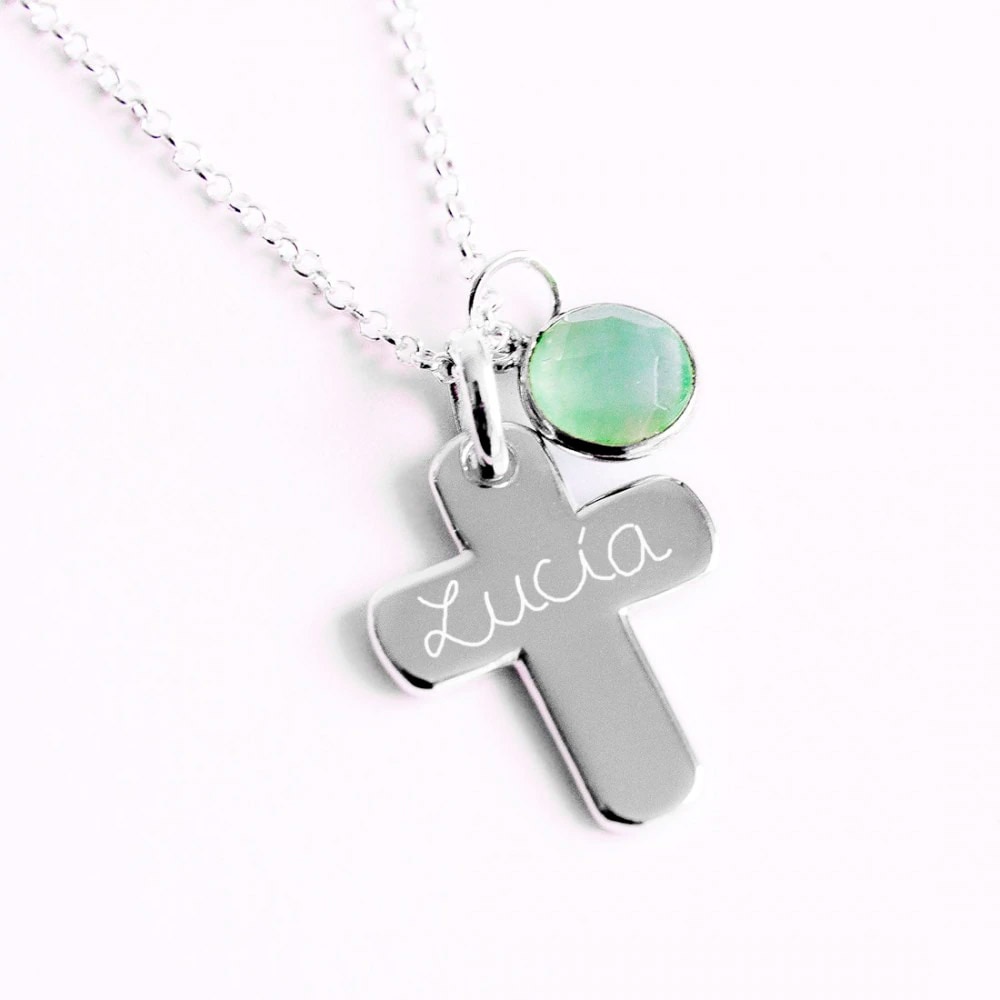 Imagen 0 de Collar mama El Recién Nacido personalizable cruz de plata y piedra verde grabada con nombre Verde