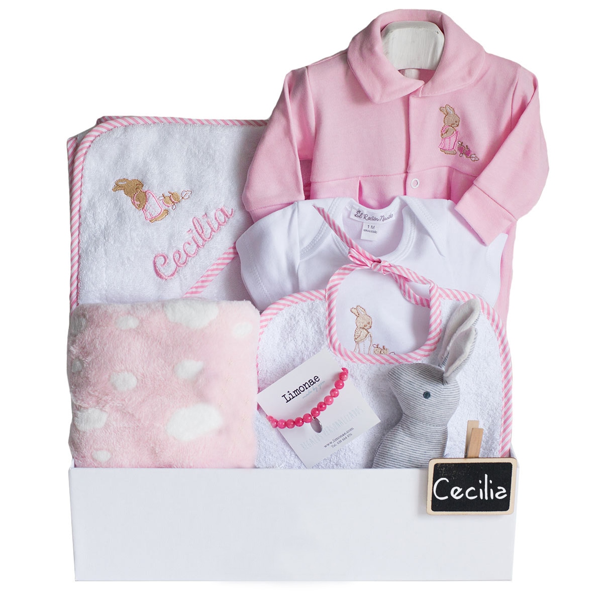 Canastilla El Recién Nacido sueños personalizable con nombre Rosa-1