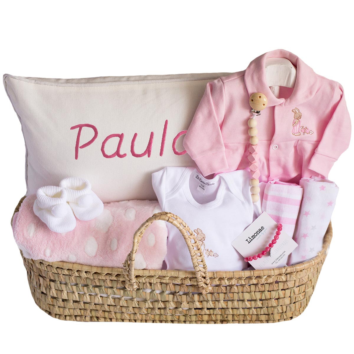 Imagen 1 de Canastilla moisés El Recién Nacido con cojín bordado personalizable con nombre Rosa