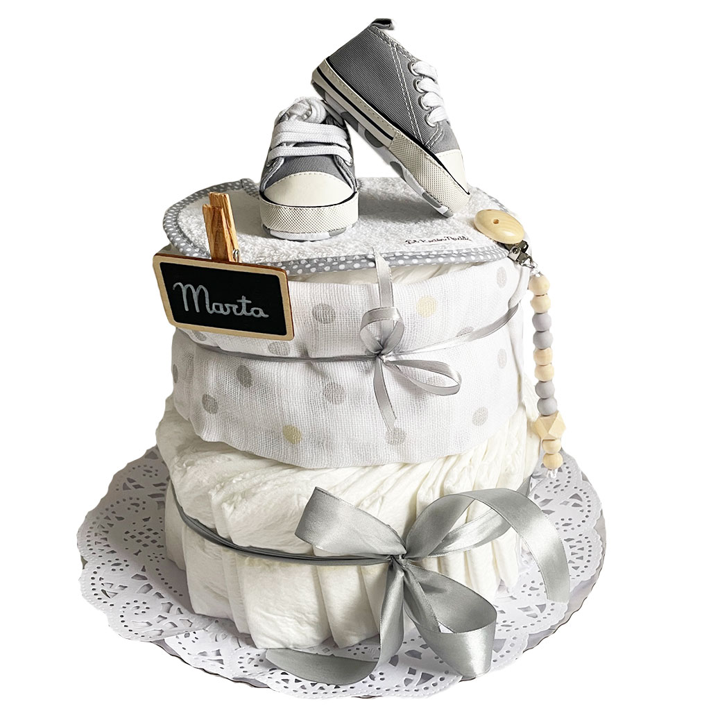 Tarta de pañales El Recién Nacido con zapatillas para niño o niña personalizable - Blanco Blanco-1