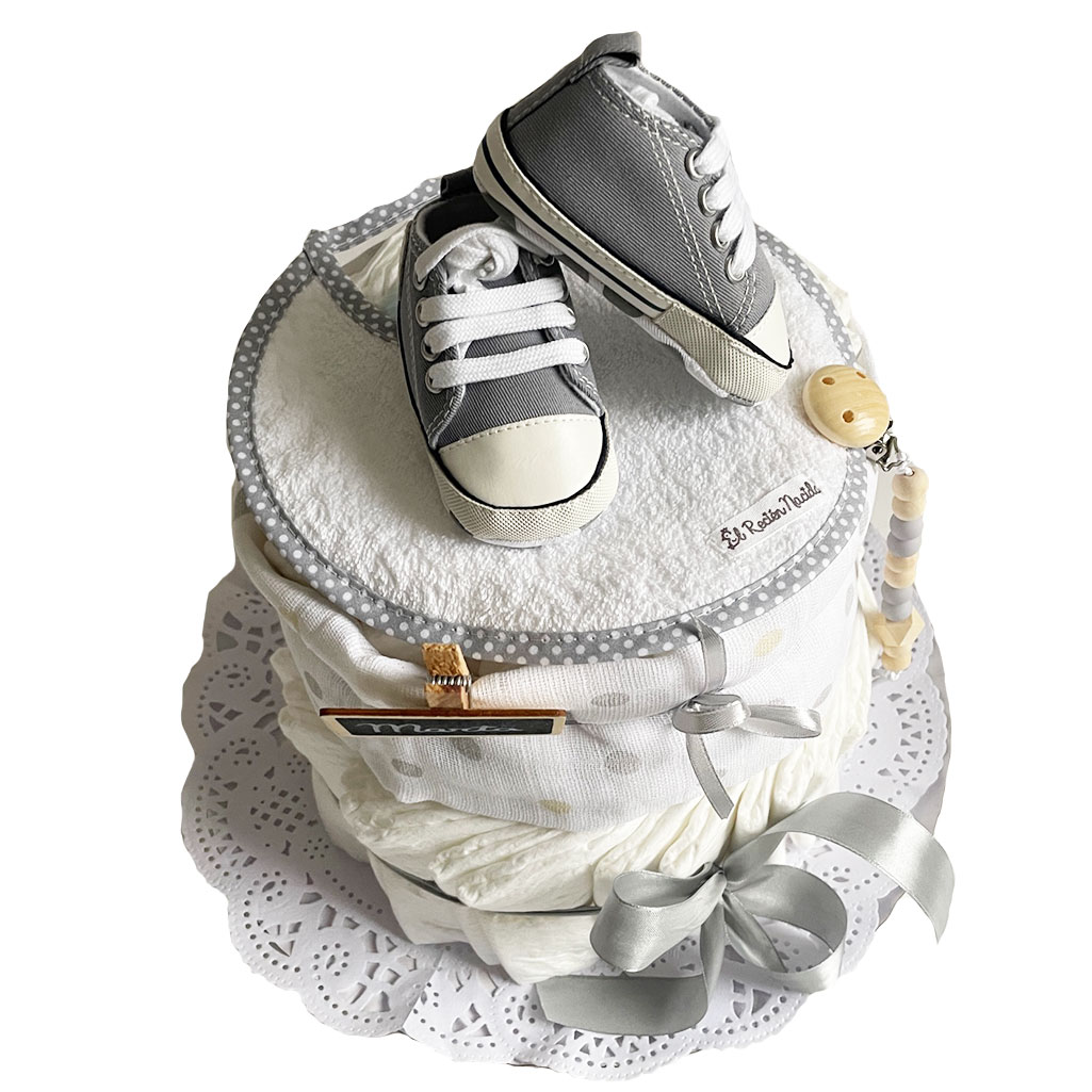 Tarta de pañales El Recién Nacido con zapatillas para niño o niña personalizable - Blanco Blanco-2