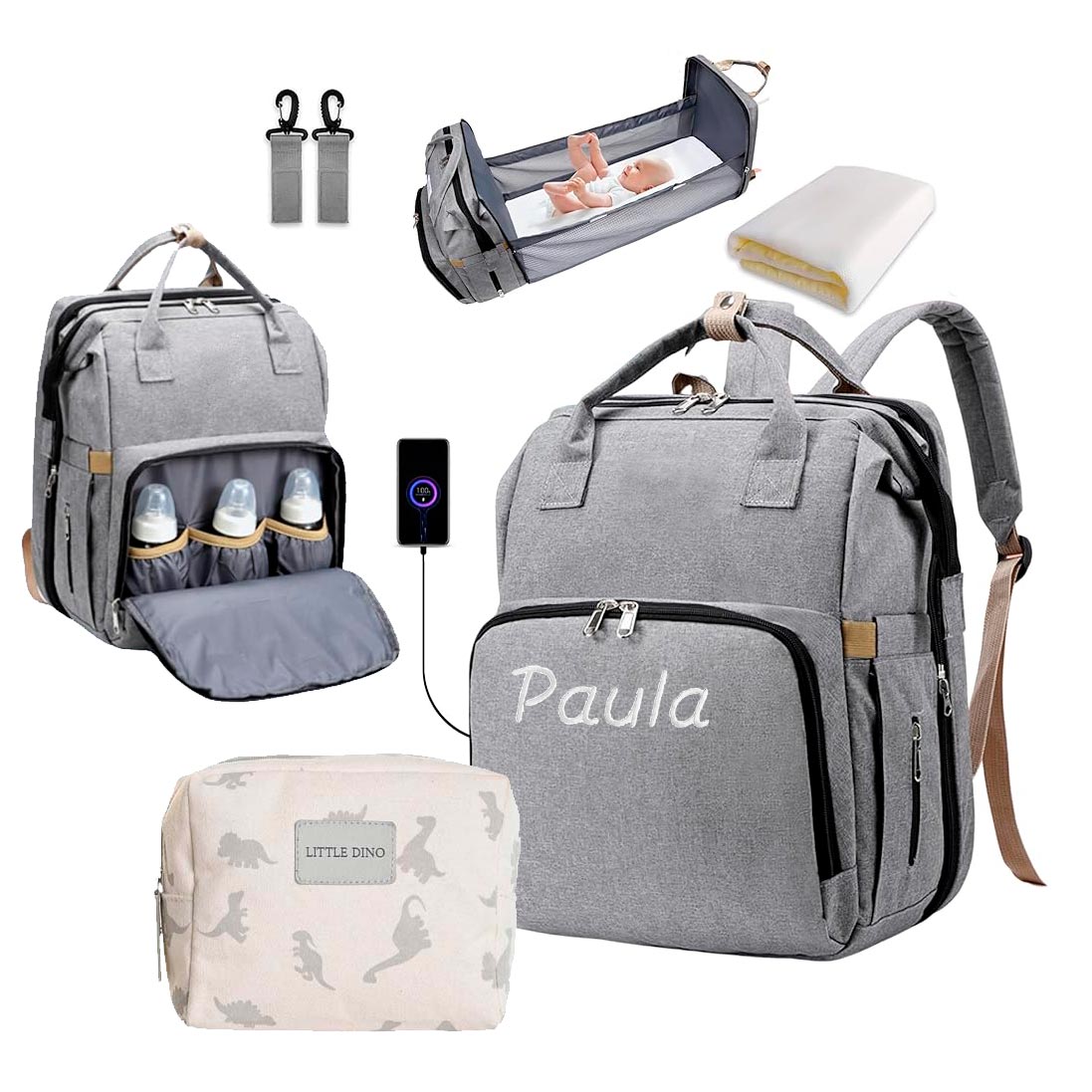 Mochila convertible en cuna El Recién Nacido con el nombre bordado color gris Gris Gris-3
