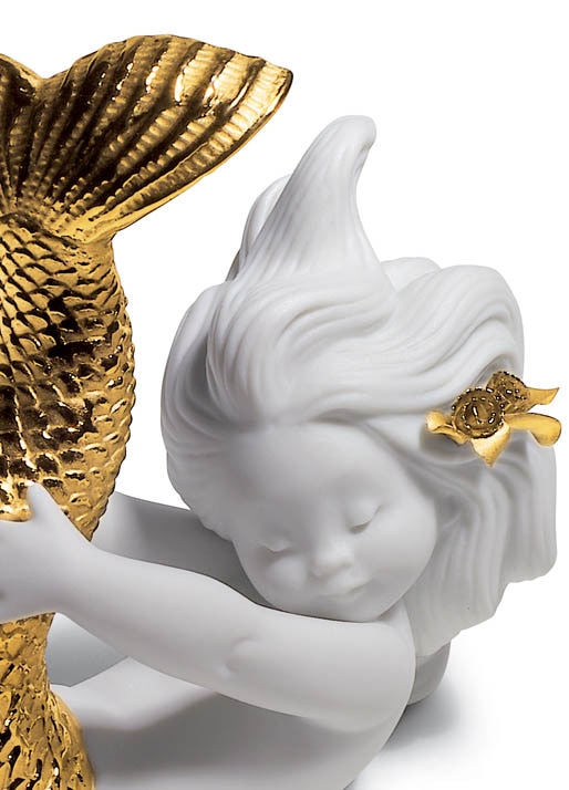 Imagen 2 de Figura decorativa Sirena Jugando con el mar. Lustre oro Lladró - Blanco / Oro Blanco / Oro