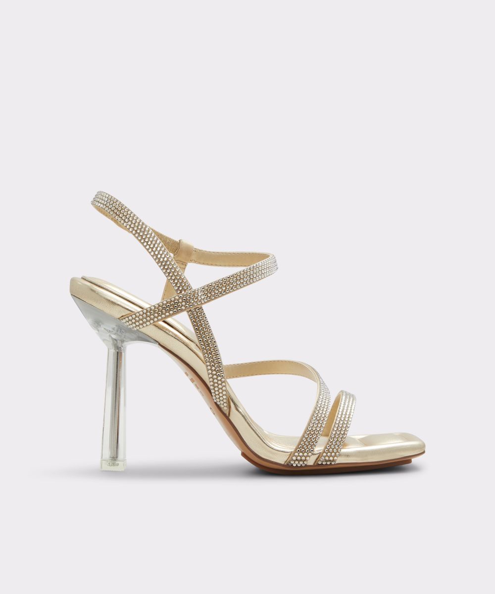 Sandalias de tacón de mujer en tejido color oro