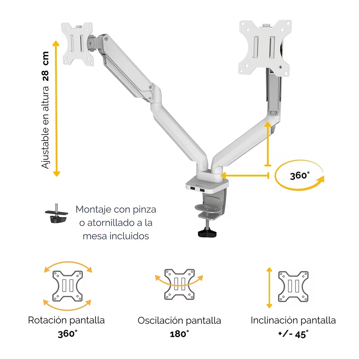 Imagen 5 de Soporte doble de escritorio Arozzi Alzare para monitores NEO-DUO-WT - Blanco Blanco