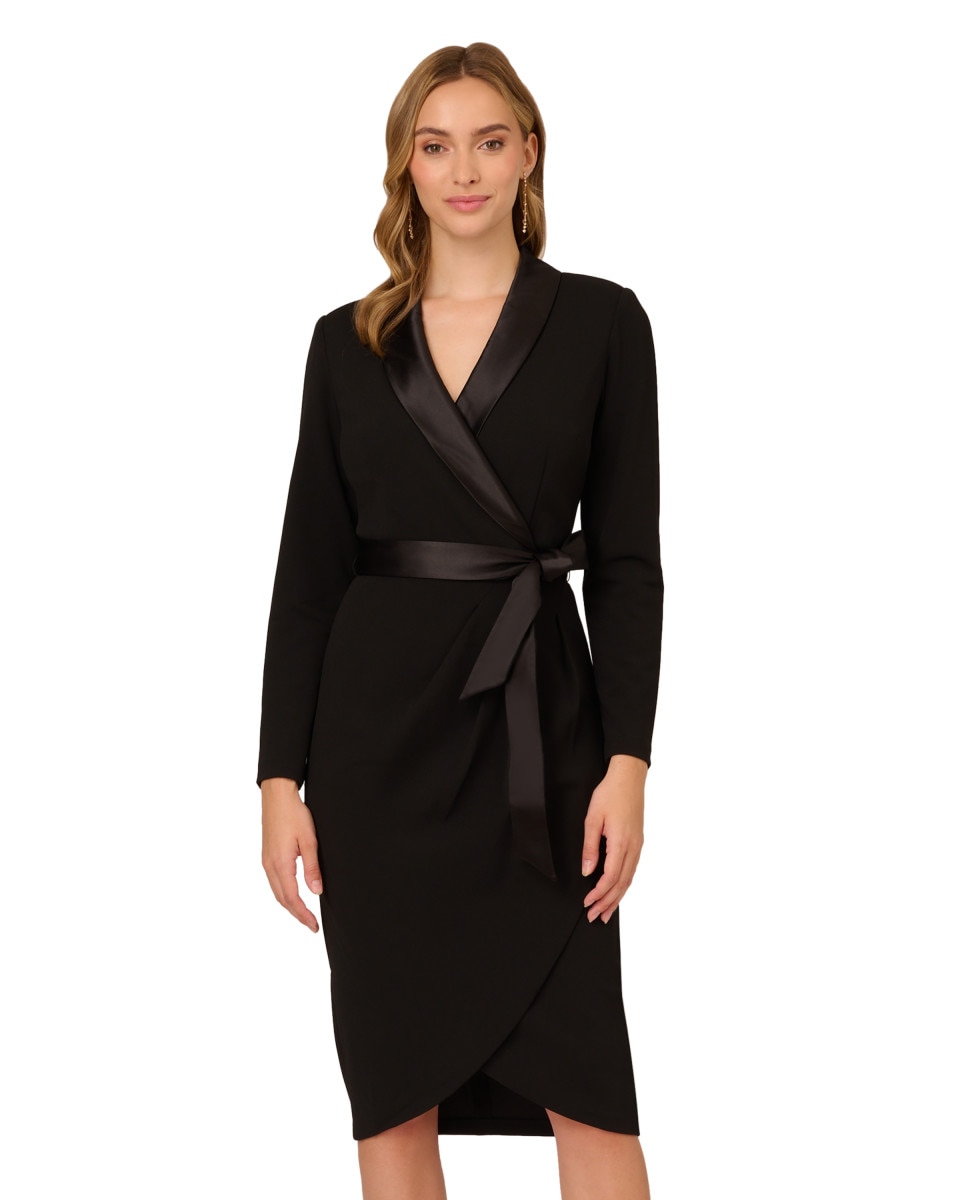 Vestido midi con escote cruzado, lazada y manga larga - Adrianna Papell - Negro Negro-1