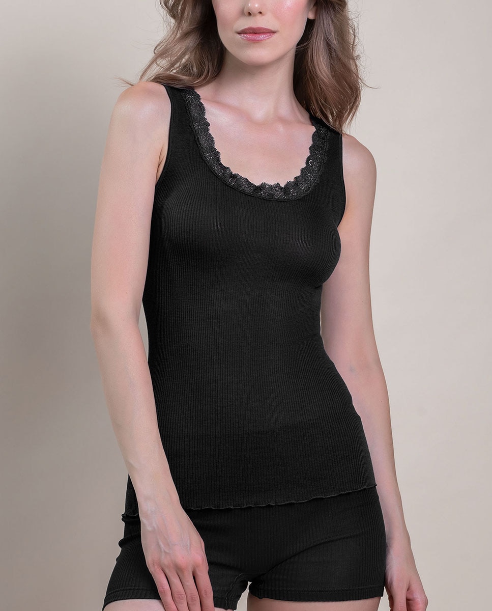 Camiseta interior de mujer sin mangas plisado con encaje en los bordes - Vittoria B. Intimo - Negro Negro-1