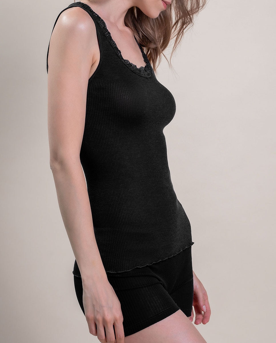 Camiseta interior de mujer sin mangas plisado con encaje en los bordes - Vittoria B. Intimo - Negro Negro-3