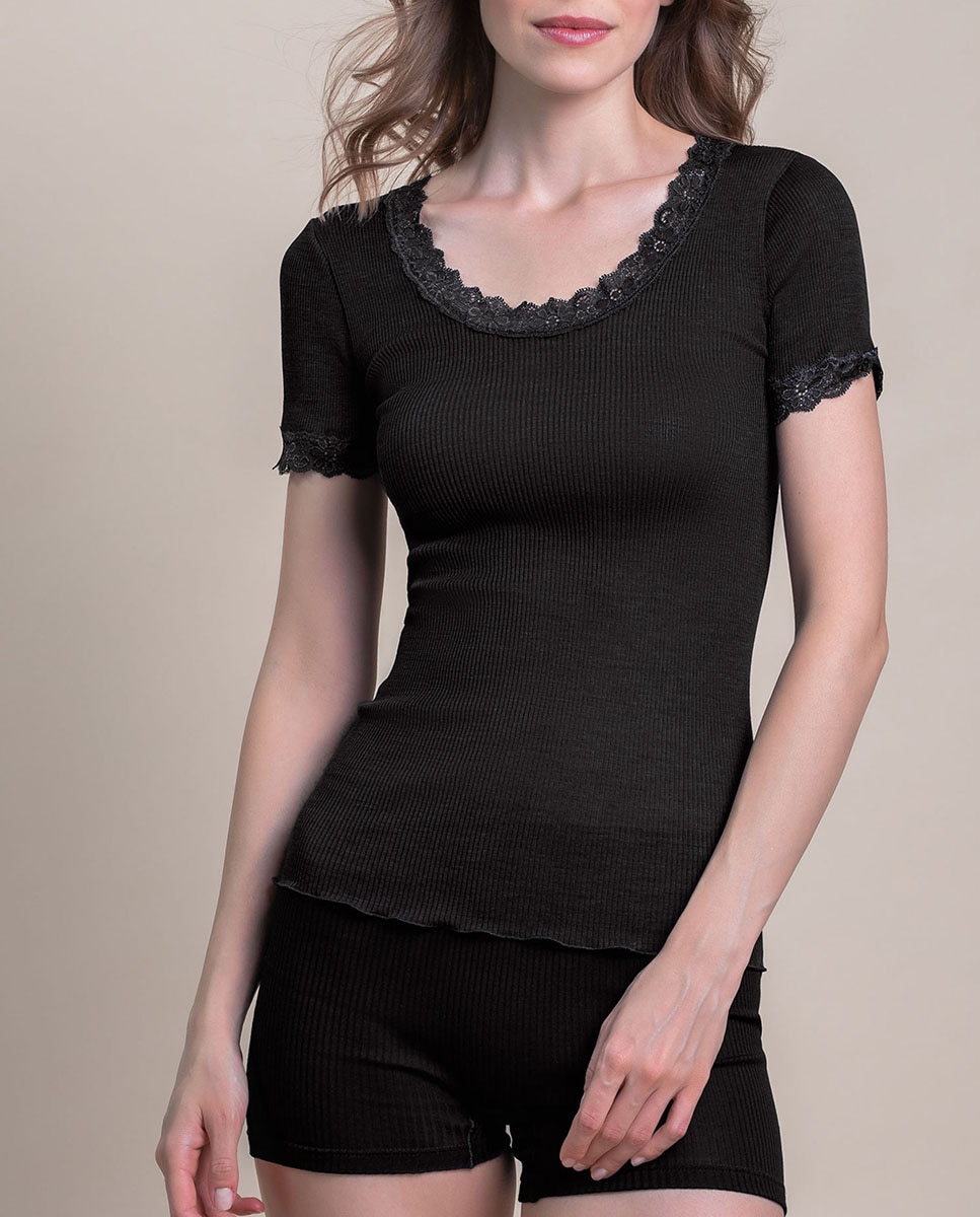 Camiseta interior de mujer manga corta plisado con encaje en los bordes - Vittoria B. Intimo - Negro Negro-1