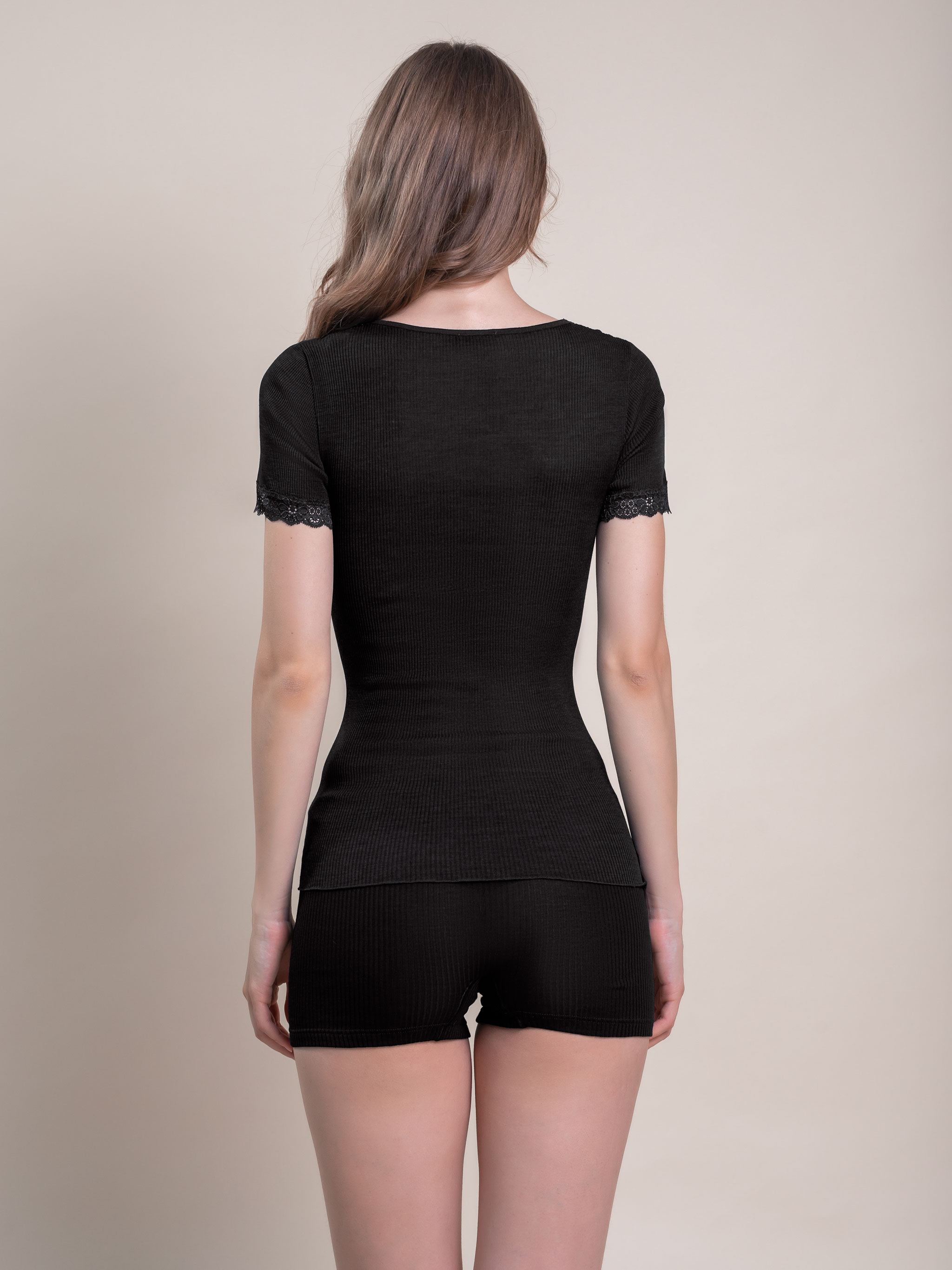 Camiseta interior de mujer manga corta plisado con encaje en los bordes - Vittoria B. Intimo - Negro Negro-2
