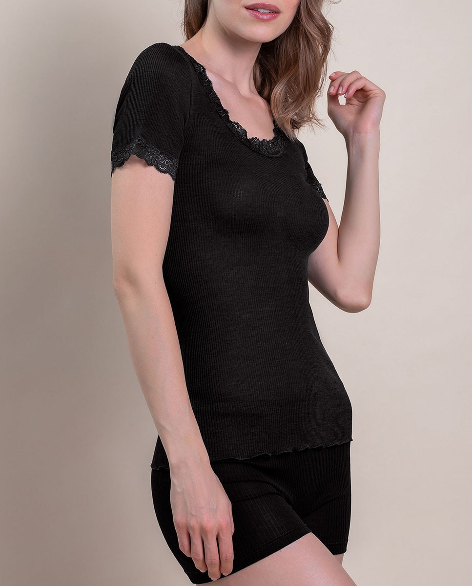 Camiseta interior de mujer manga corta plisado con encaje en los bordes - Vittoria B. Intimo - Negro Negro-3
