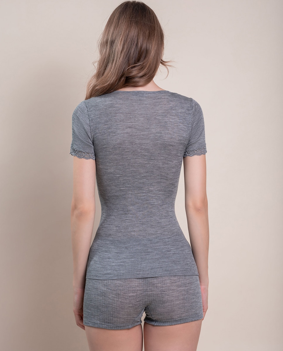 Camiseta interior de mujer manga corta plisado con encaje en los bordes - Vittoria B. Intimo - Gris Gris-2