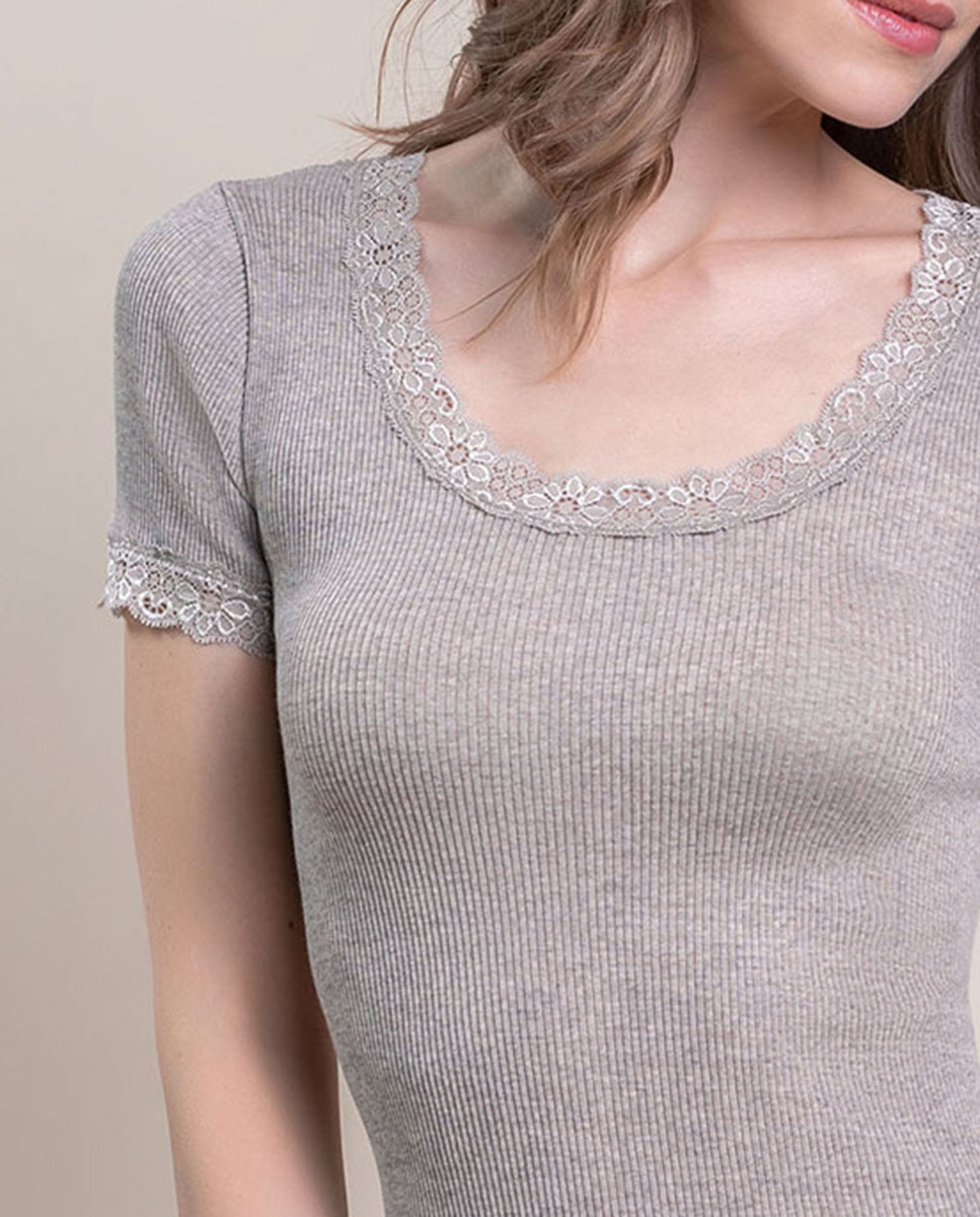 Camiseta interior de mujer manga corta plisado con encaje en los bordes - Vittoria B. Intimo - Natural Natural-3