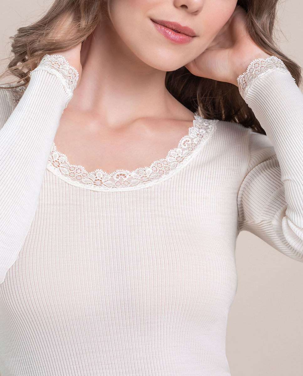 Camiseta interior de mujer manga larga plisado con encaje en los bordes - Vittoria B. Intimo - Blanco Blanco-3