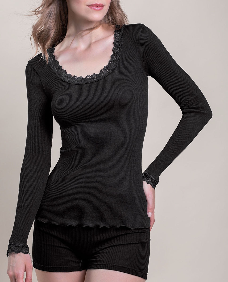 Camiseta interior de mujer manga larga plisado con encaje en los bordes - Vittoria B. Intimo - Negro Negro-1