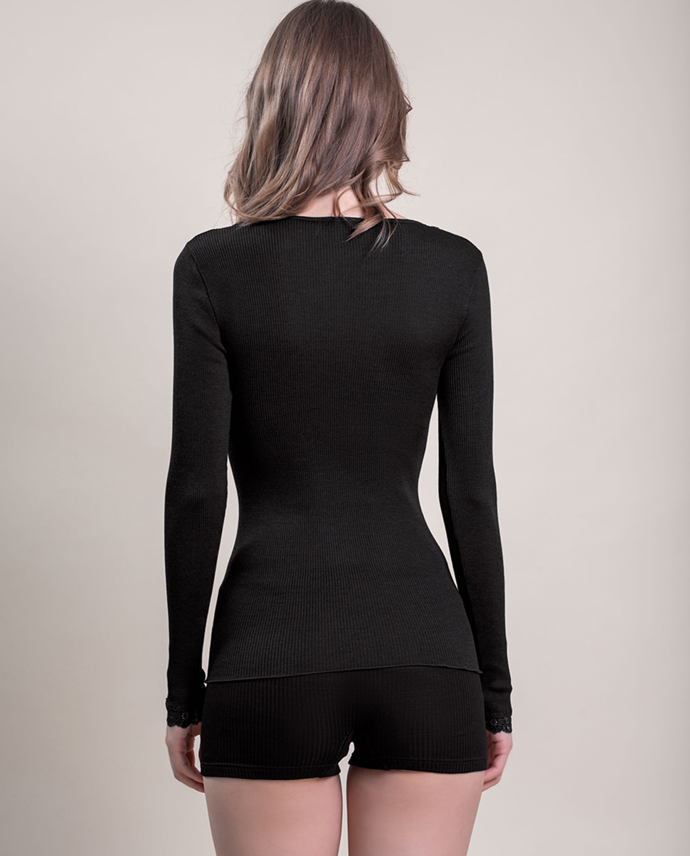 Camiseta interior de mujer manga larga plisado con encaje en los bordes - Vittoria B. Intimo - Negro Negro-2