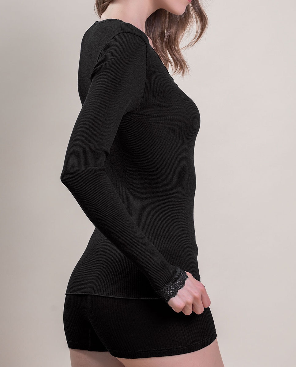 Camiseta interior de mujer manga larga plisado con encaje en los bordes - Vittoria B. Intimo - Negro Negro-3