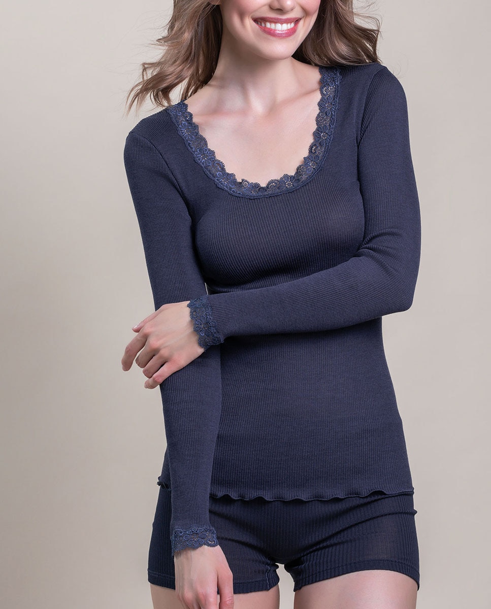 Camiseta interior de mujer manga larga plisado con encaje en los bordes - Vittoria B. Intimo - Azul marino Azul marino-1