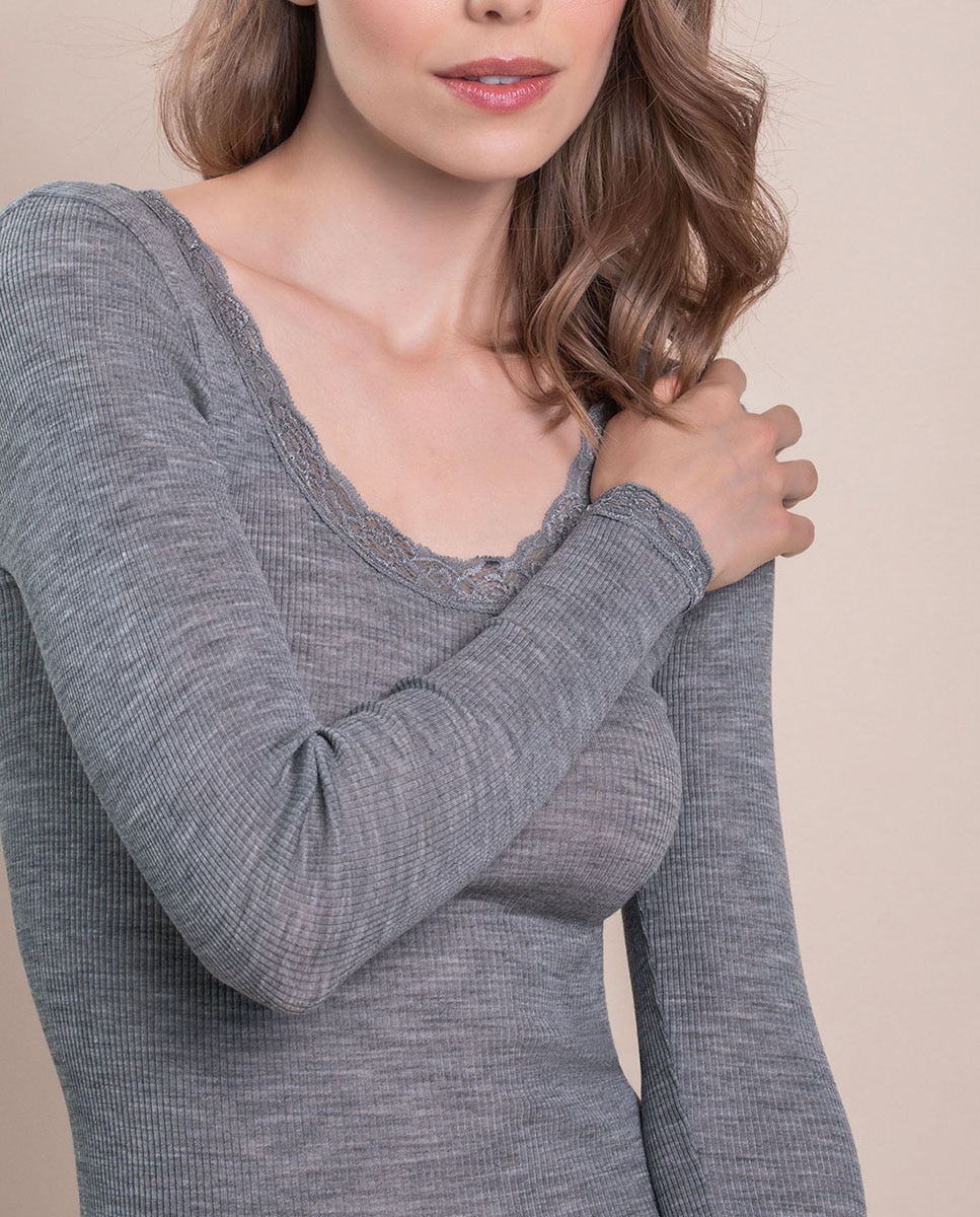 Camiseta interior de mujer manga larga plisado con encaje en los bordes - Vittoria B. Intimo - Gris Gris-3
