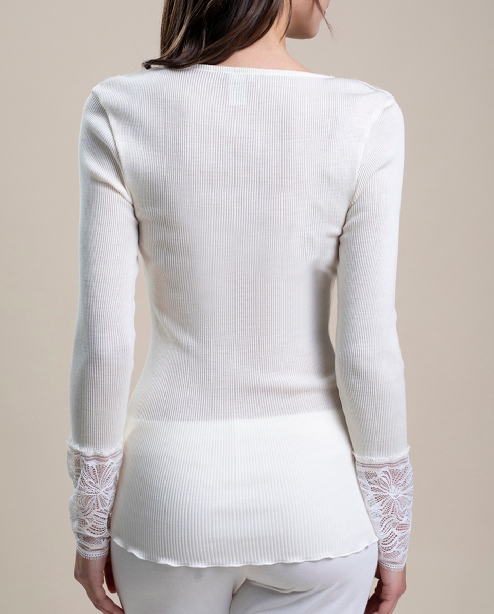 Camiseta interior de mujer de manga larga con detalles de encaje - Vittoria B. Intimo - Blanco Blanco-2
