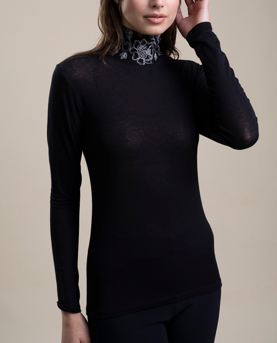Camiseta interior de mujer manga larga con cuello tortuga bordado - Vittoria B. Intimo - Negro Negro-1