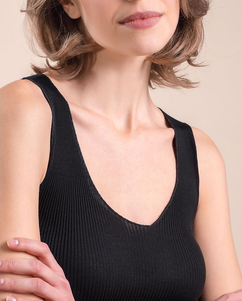 Camiseta interior de mujer sin mangas plisado con escote redondo pronunciado - Vittoria B. Intimo - Negro Negro-3