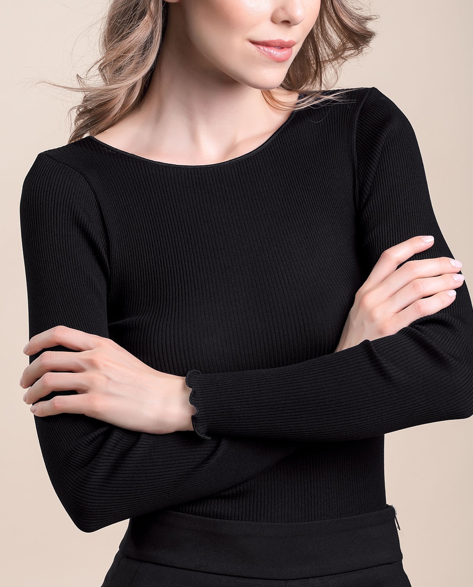 Camiseta interior de mujer de manga larga plisado con escote redondo pronunciado - Vittoria B. Intimo - Negro Negro-3