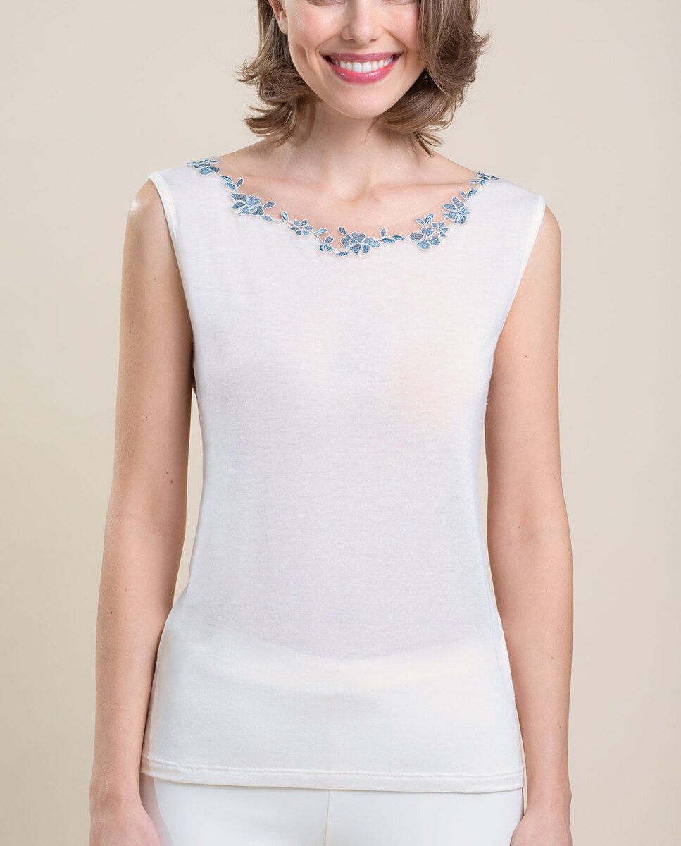 Camiseta interior de mujer sin mangas con tul bordado - Vittoria B. Intimo - Blanco Blanco-1