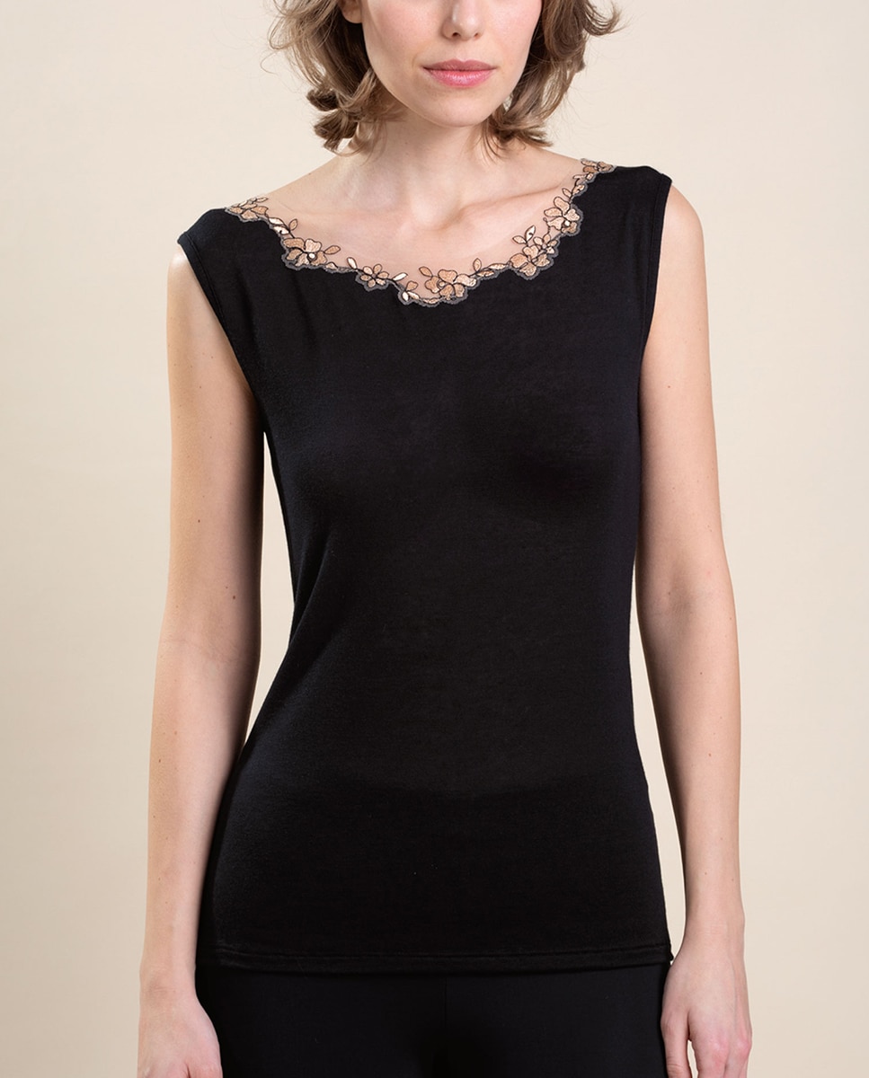 Camiseta interior de mujer sin mangas con tul bordado - Vittoria B. Intimo - Negro Negro-1