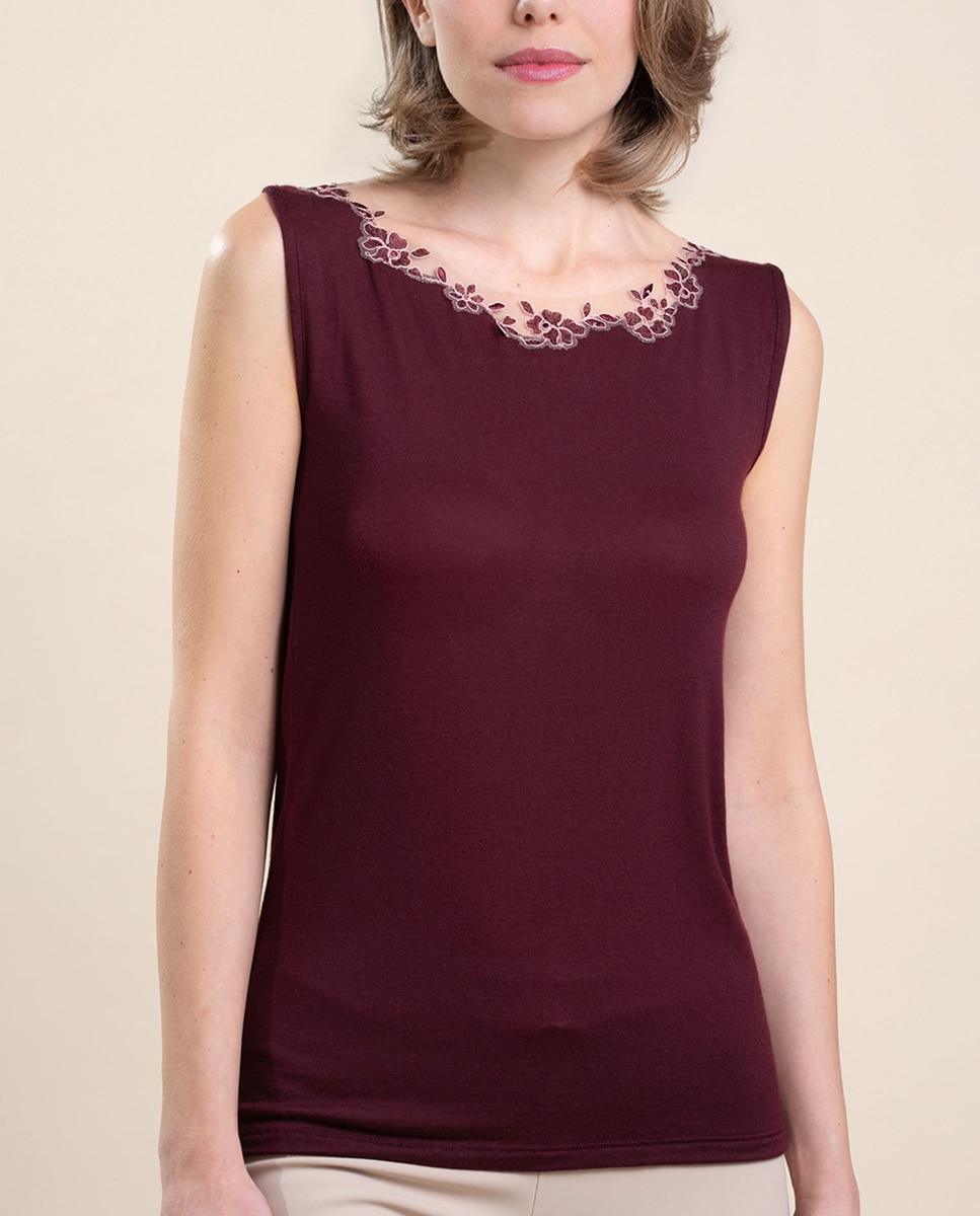 Camiseta interior de mujer sin mangas con tul bordado - Vittoria B. Intimo - Burdeos Burdeos-1