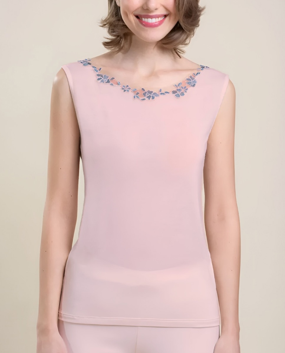 Camiseta interior de mujer sin mangas con tul bordado - Vittoria B. Intimo - Rosa Rosa-1