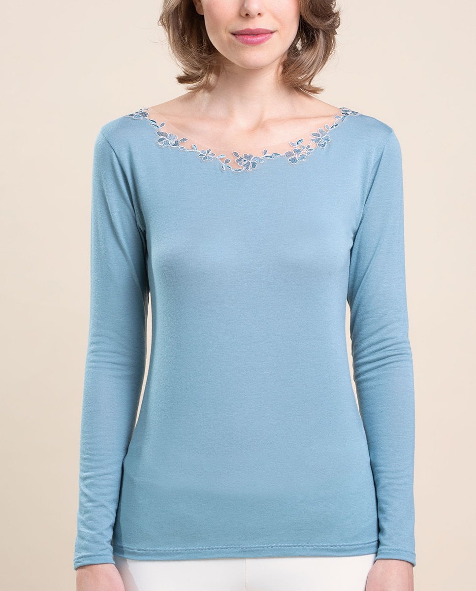 Camiseta interior de mujer de manga larga con tul bordado - Vittoria B. Intimo - Azul marino Azul marino-1