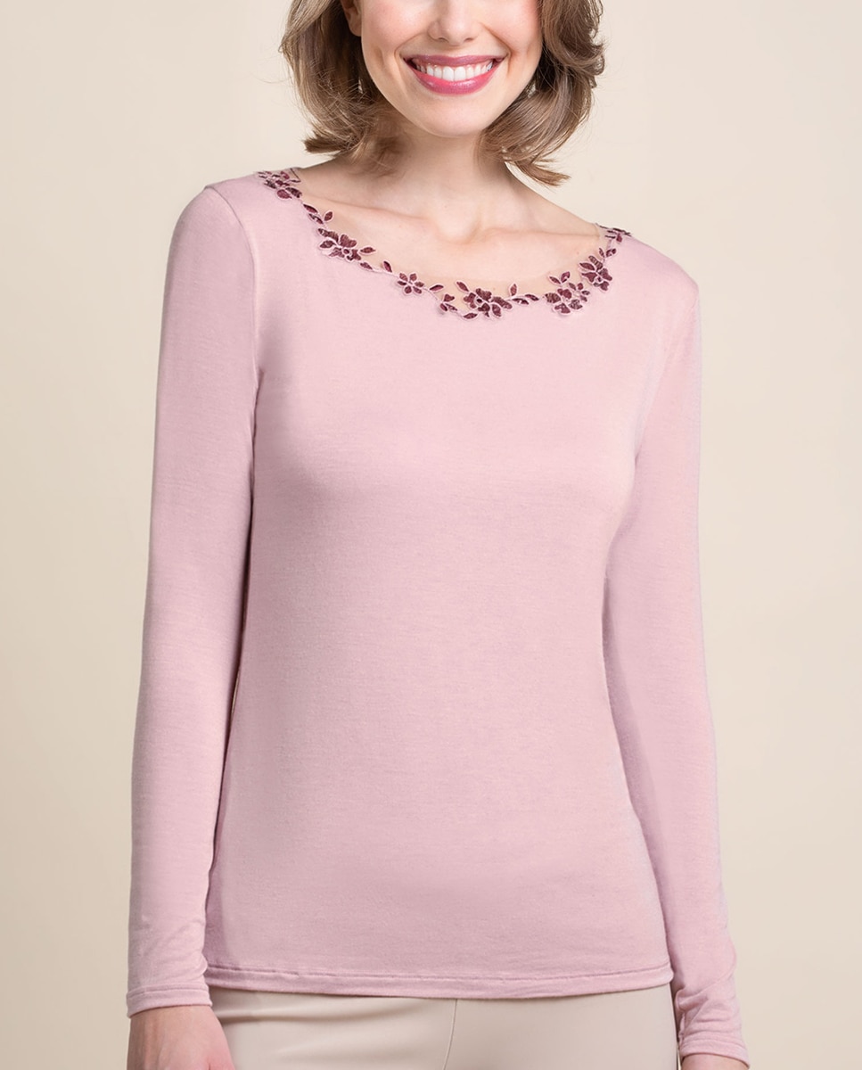 Camiseta interior de mujer de manga larga con tul bordado - Vittoria B. Intimo - Rosa Rosa-1
