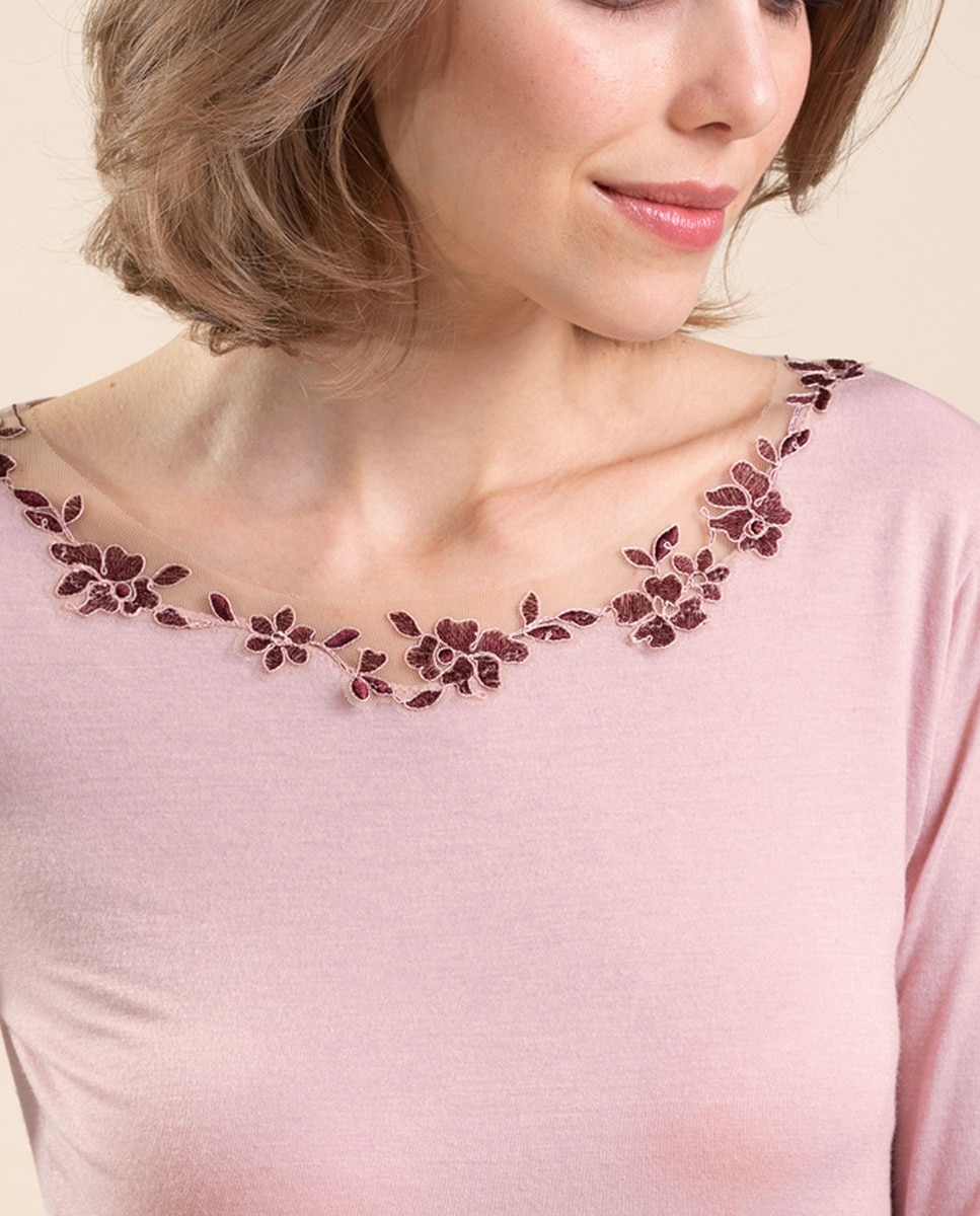 Camiseta interior de mujer de manga larga con tul bordado - Vittoria B. Intimo - Rosa Rosa-3