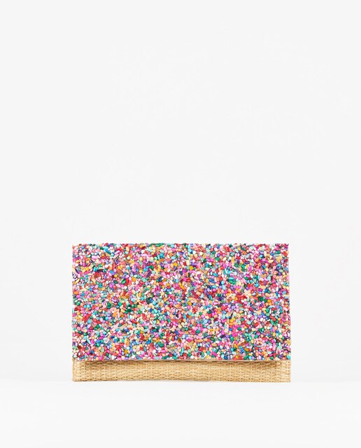 Imagen 0 de Bolso de fiesta de rafia estilo sobre con pedrería multicolor