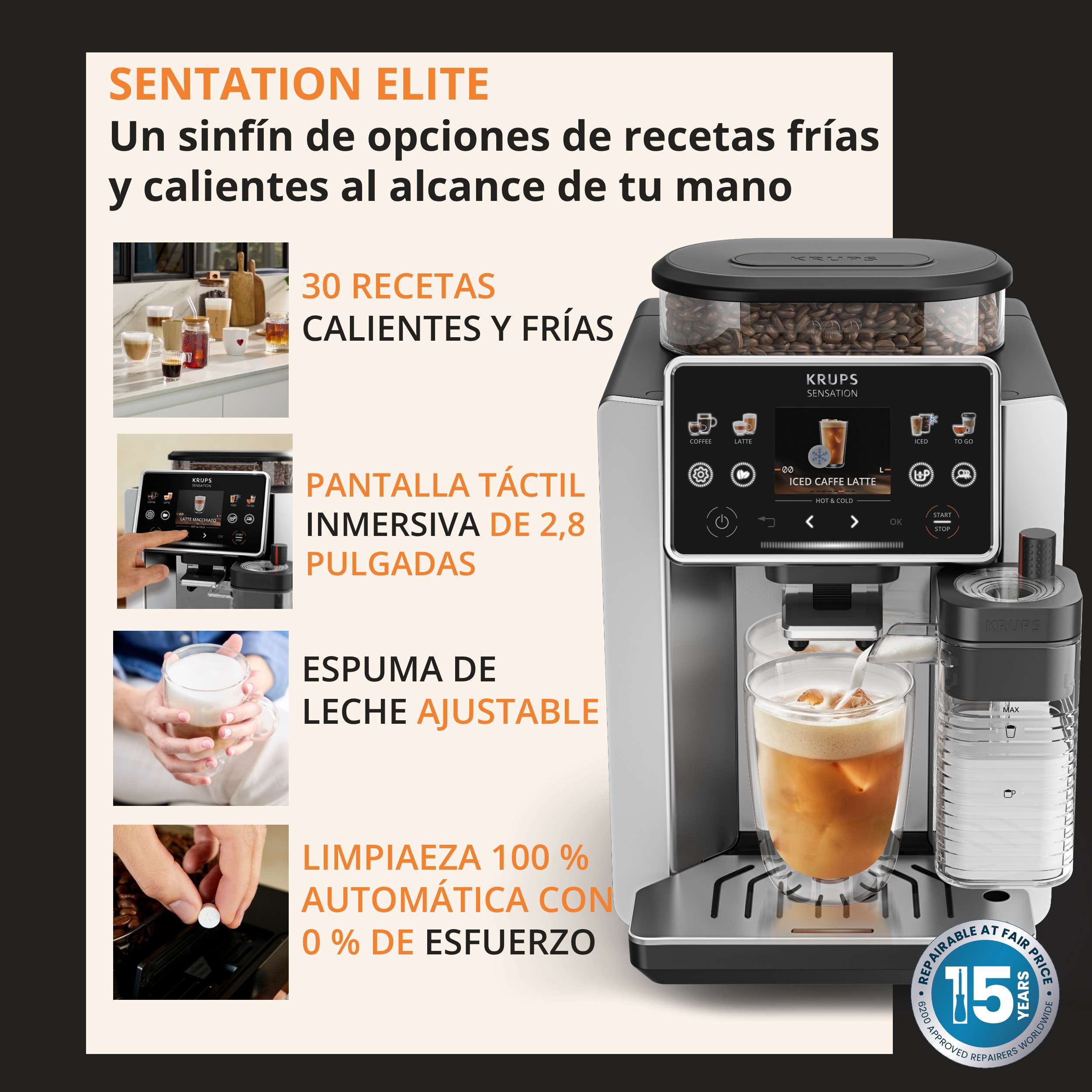 Cafetera Superautomática Krups Sensation Elite Hot&Cold EA918G Bebidas Calientes y Frías - Plata Plata-7