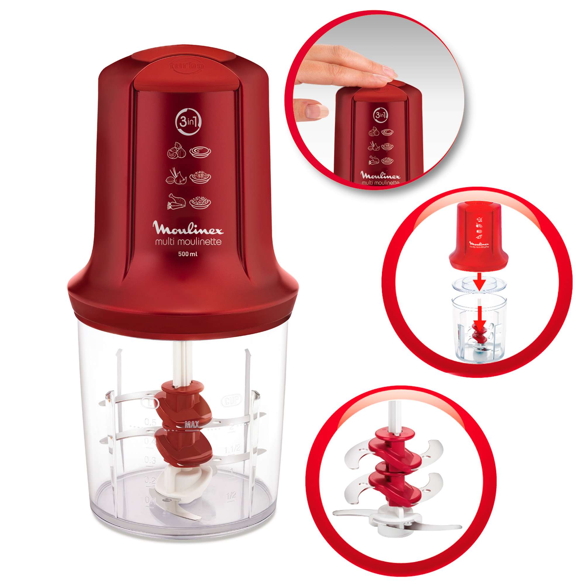 Picadora Multi-Moulinette AT714G con 3 cuchillas - Rojo Rojo-3