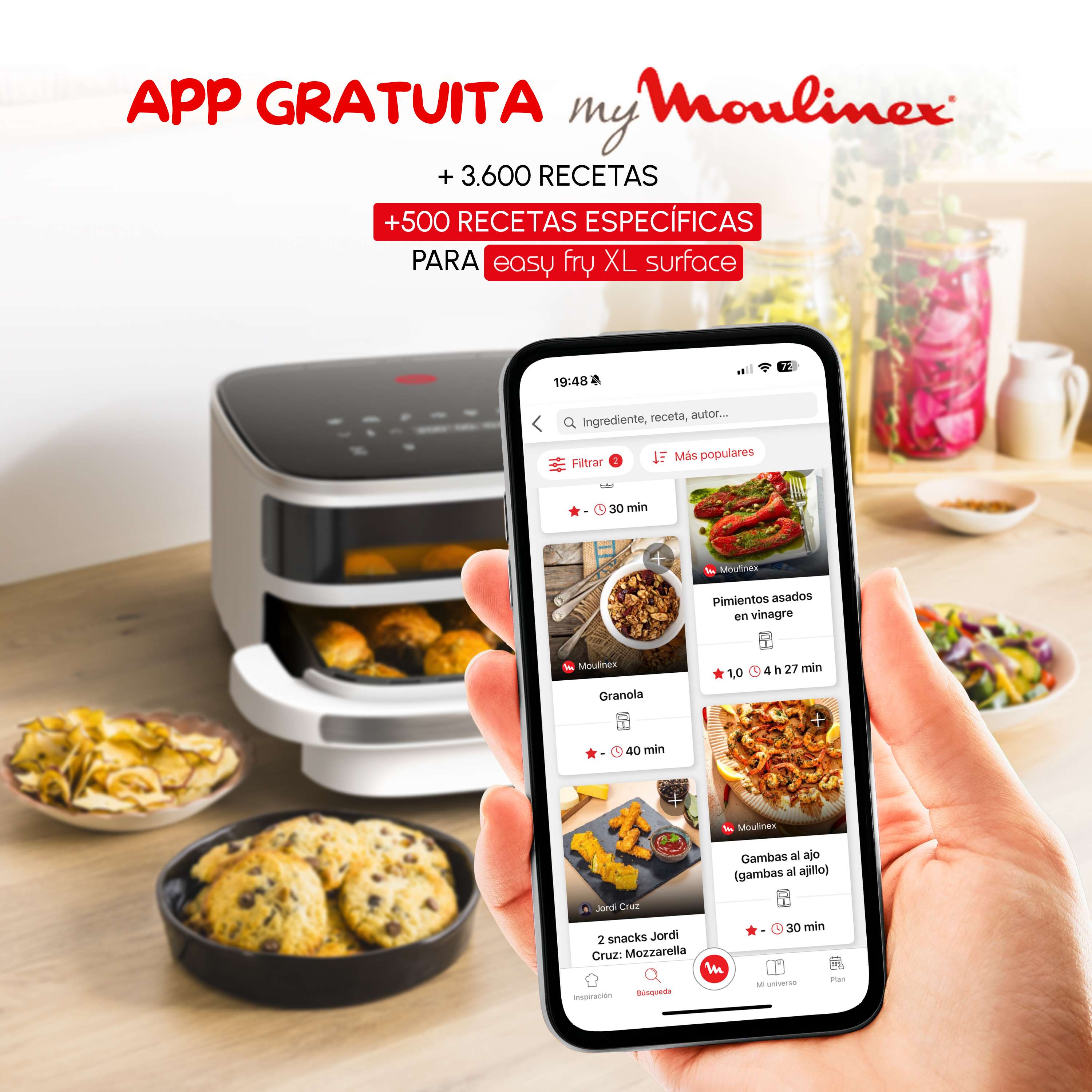 Freidora de aire y pizza Moulinex Easy Fry XL Surface AL400, doble resistencia 2200W, Extra?Crisp, 8 programas - Blanco Blanco-7