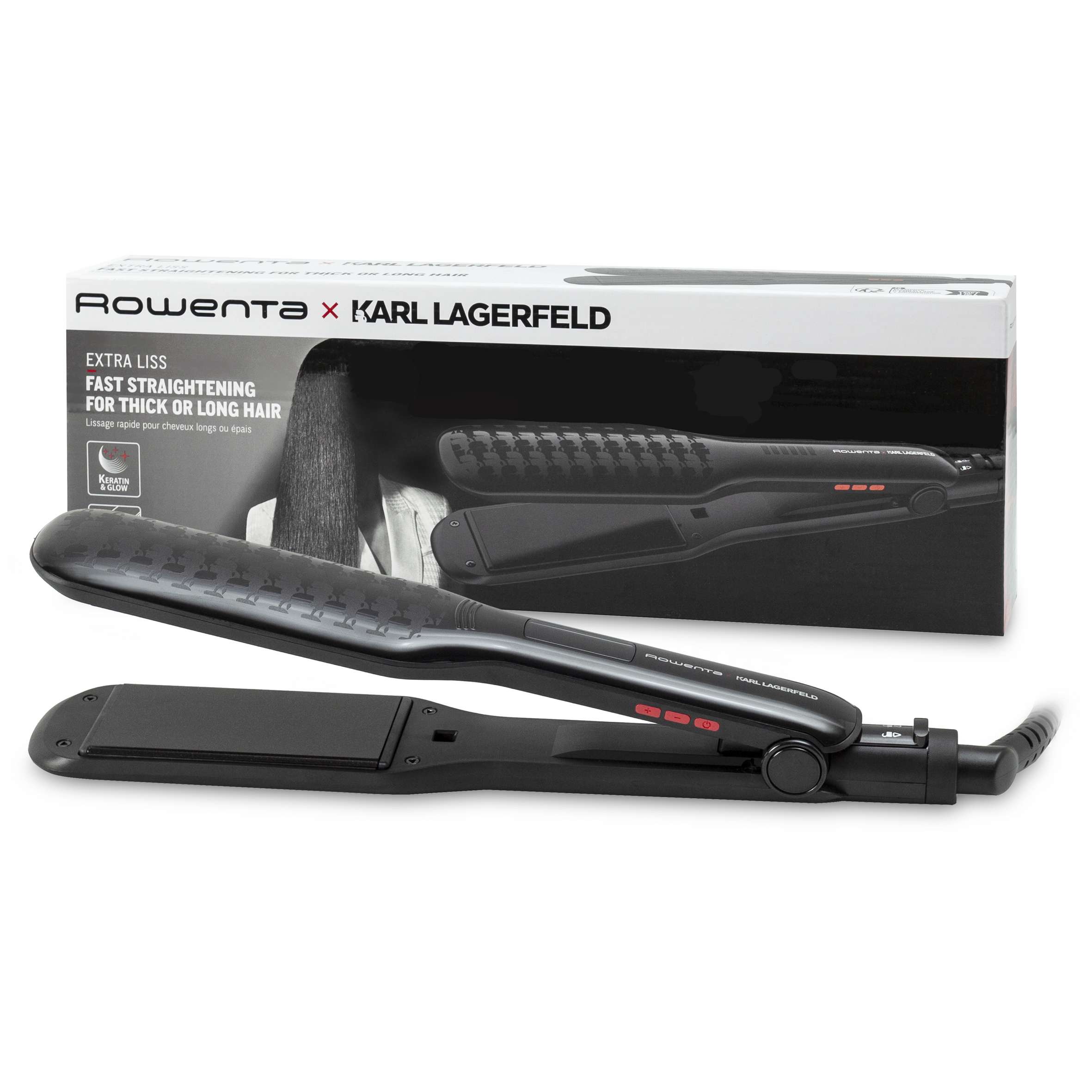 Plancha de pelo Rowenta x Karl Lagerfeld SF411 Extra Liss, placas extra gruesas, revestimiento Keratin & Glow, 6 ajustes - Negro Negro-3