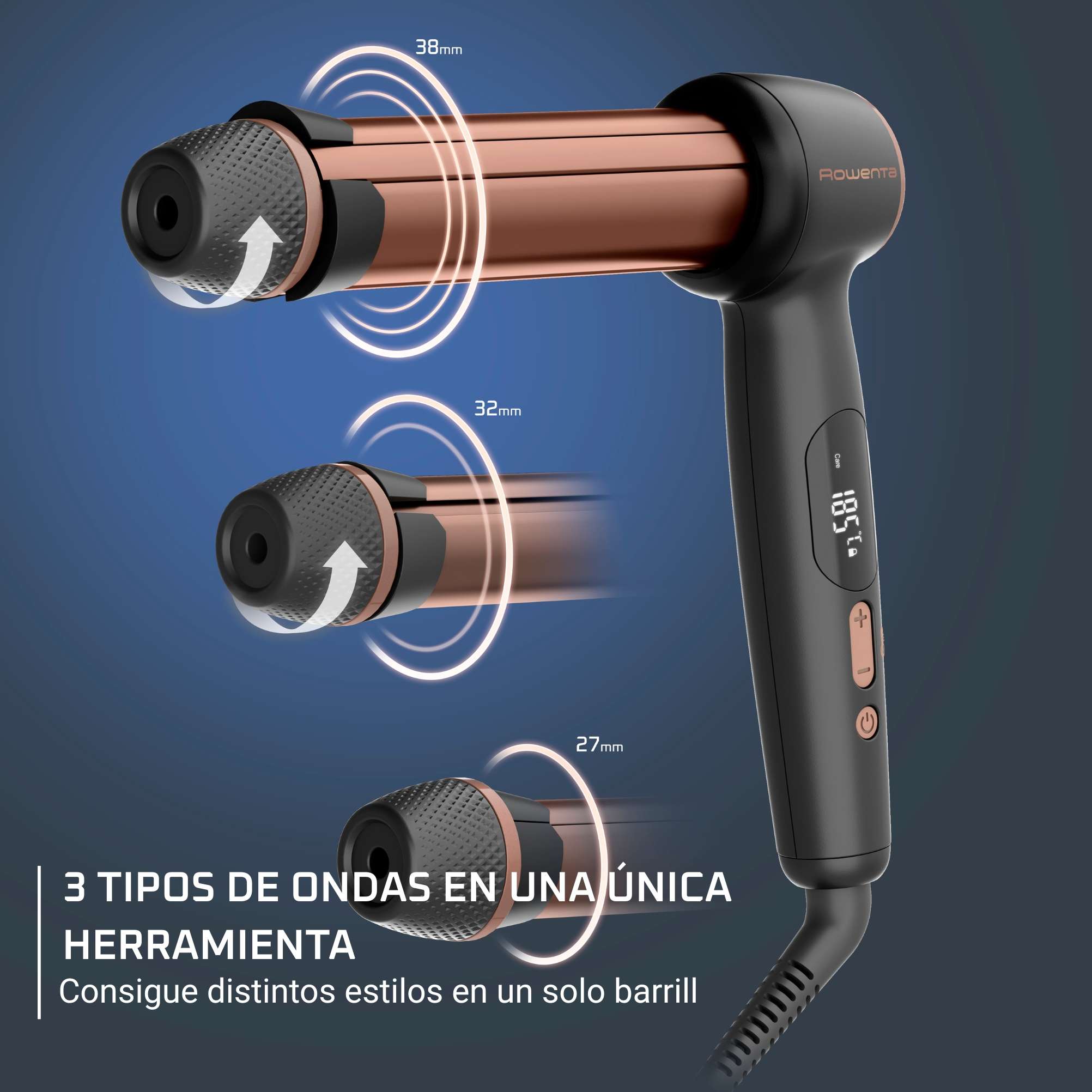Rizador de pelo Rowenta Twist Curl 3 en 1 con barril ajustable para 3 tamaños de ondas, CF4620 Revestimiento cerámico - Negro Negro-5