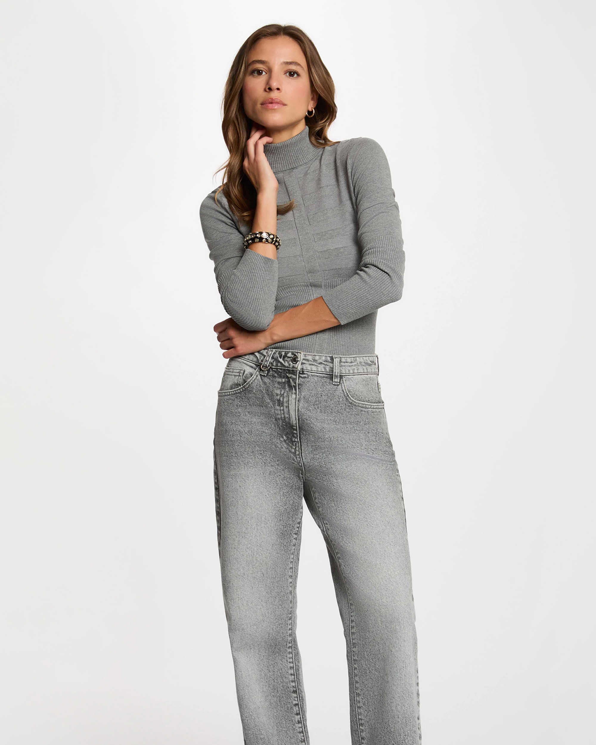 Jersey de mujer de cuello alto ajustado - Morgan - Gris claro Gris claro-1