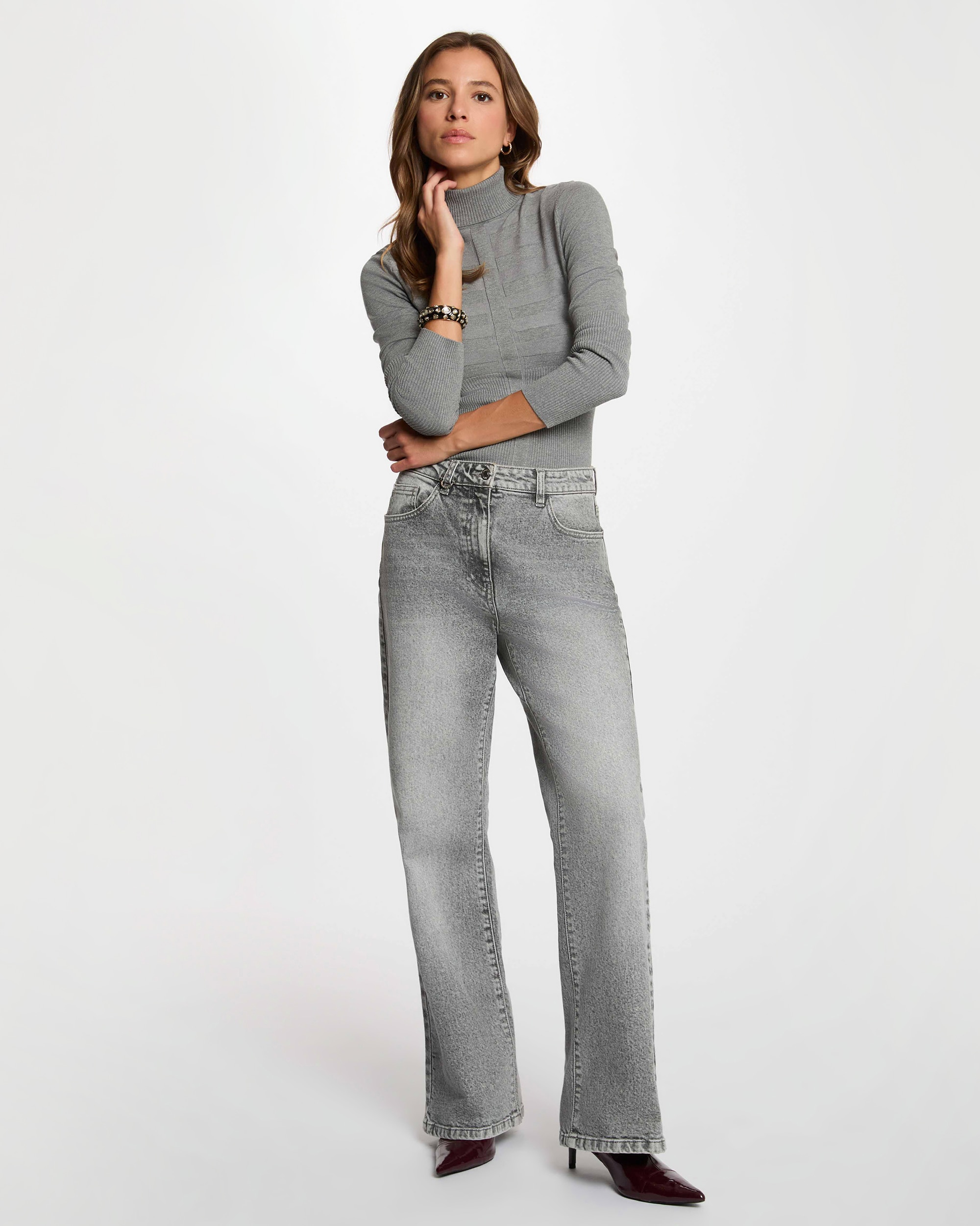 Jersey de mujer de cuello alto ajustado - Morgan - Gris claro Gris claro-3