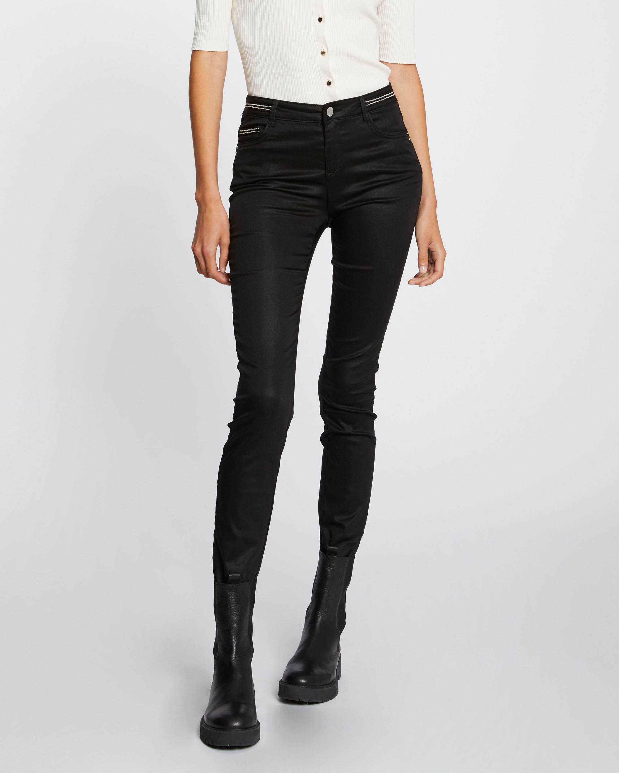 Pantalón de mujer slim efecto mojado - Negro Negro-2