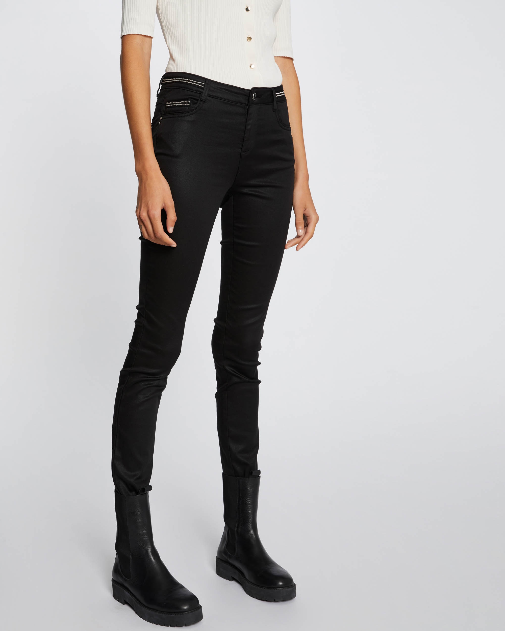 Pantalón de mujer slim efecto mojado - Negro Negro-6