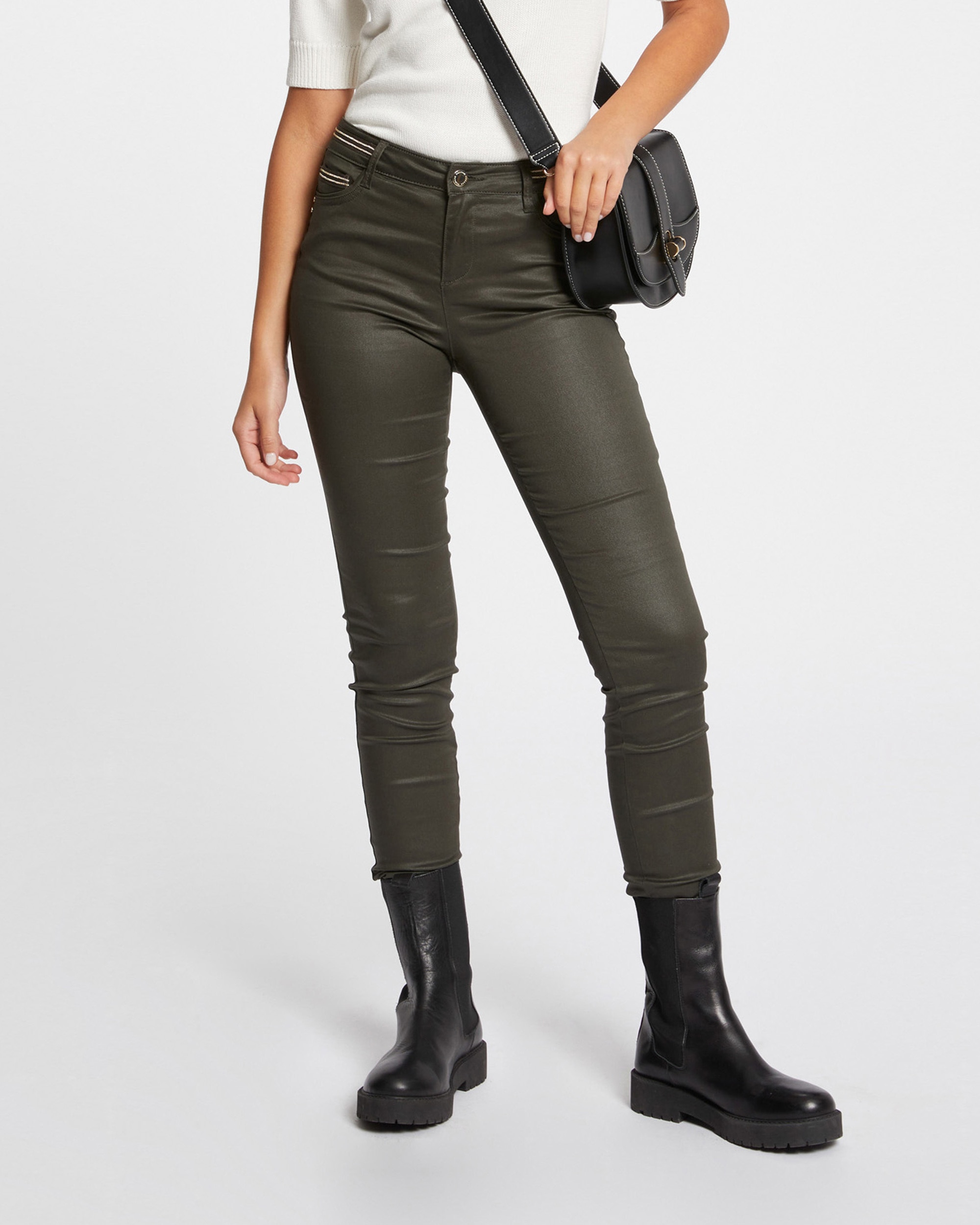 Pantalón de mujer slim efecto mojado - Verde oscuro Verde oscuro-2
