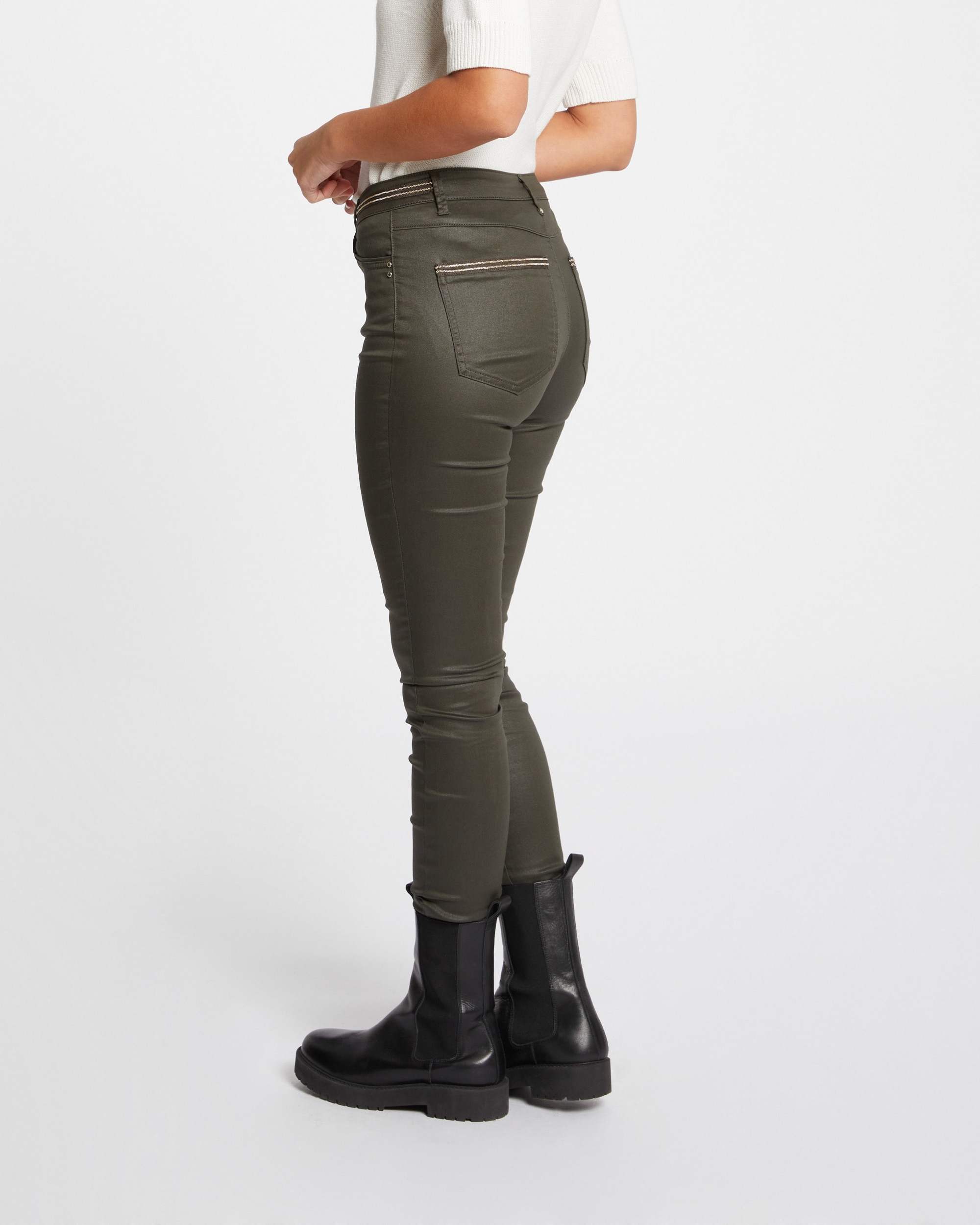 Pantalón de mujer slim efecto mojado - Verde oscuro Verde oscuro-3