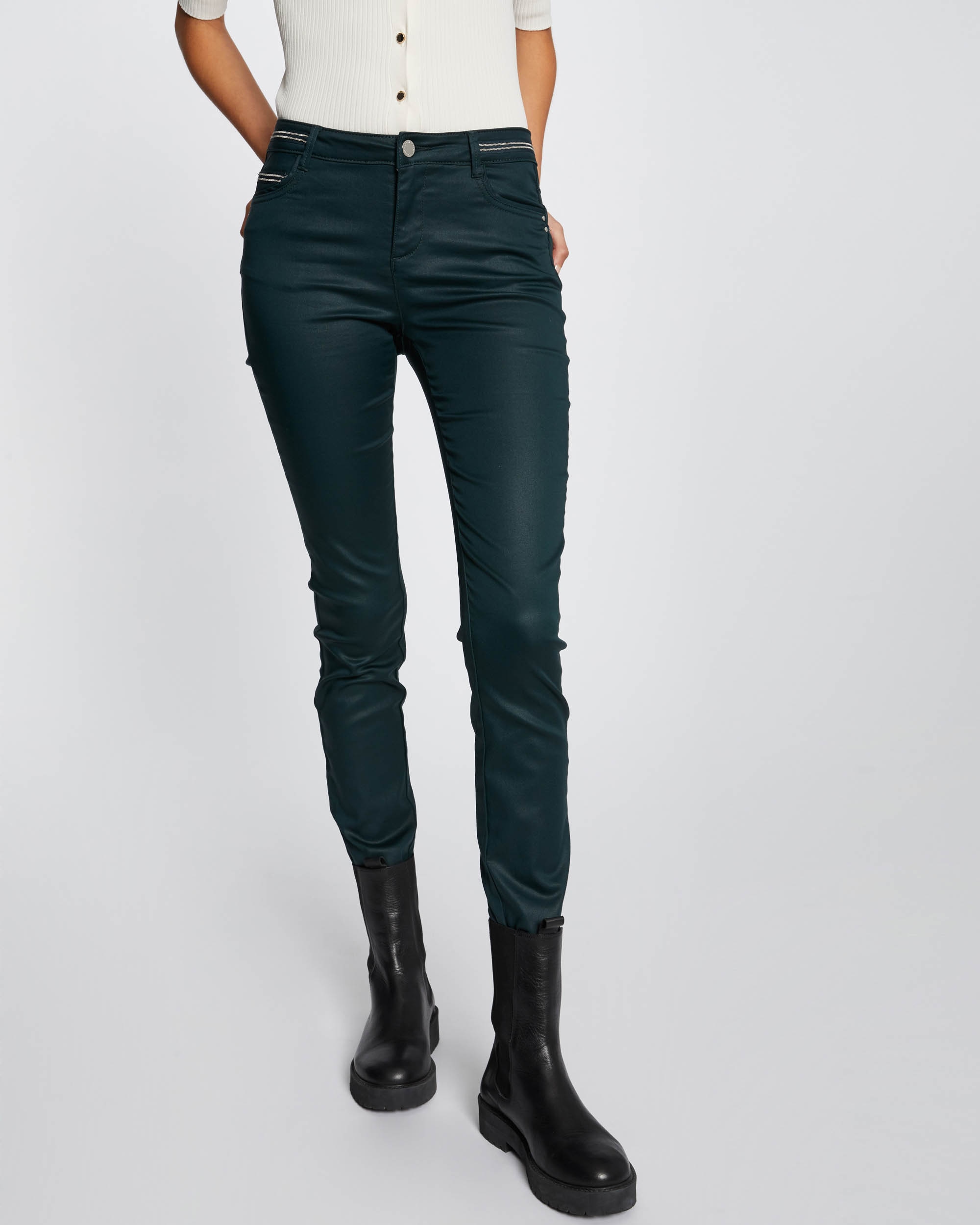 Pantalón de mujer slim efecto mojado - Verde oscuro Verde oscuro-6